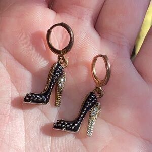 925 Stamped Gold-tone / Black Enamel High Heel Drop Earrings w/ Rhinestones